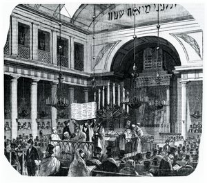 Ceremonia religijna w starej paryskiej synagodze na Rosz Haszana, ilustracja z Le Tableau de Paris autorstwa Edmonda Texiera, opublikowana w Paryżu, 1852 autorstwa French School