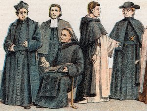 Stroje religijne: z g a d portret jezuity, ojca Mariste (Marcellin Champagnat), benedyktynów, dominikanów i oblatów - rycina - Stroje religijne: od lewej do prawej portret jezuitów, braci marystów, benedyktynów pon autorstwa French School