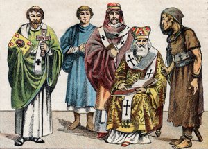 Stroje religijne w starożytności: od portretu diakona bizantyjskiego, księdza chrześcijańskiego z I wieku, ewy z V wieku, patriarchy bizantyjskiego i anachorety - Rycina - Stroje religijne w starożytności: od lewej do prawej autorstwa French School