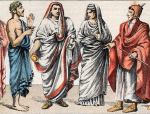 Stroje religijne w starożytności: z portretu greckiego kapłana, ministra spraw ofiarnych, Wielkiego Papieża starożytnego Rzymu (Pontifex maximus), westalki, pretressy starożytnego Rzymu i flaminga (flamen) rzymskiego kapłana oddanego kultowi jednego Bóg autorstwa French School