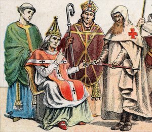 Stroje religijne w średniowieczu: od g do d kapłan z X wieku, papież w XI wieku, eveque (z mitrą i kolbą) do XII wieku oraz członek Zakonu Szpitalników (Zakon św. Jan z Jerozolimy) – Koszt religijny autorstwa French School