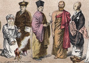 Stroje religijne Azji: od g ad portret księdza Parsiego (parsa lub wyznawcy parsyzmu), Lamy (tybetańskiego mistrza duchowego), chińskiego kapłana buddyjskiego, ceylońskiego bonze i japońskiego kapłana buddyjskiego - Grawerowanie - Stroje religijne w Azji:  autorstwa French School