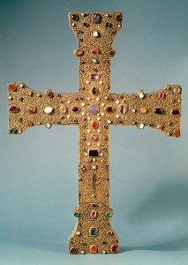 Relikwiarz krzyża opactwa Vallesse (złocone drewno, kryształ górski i kamienie półszlachetne)