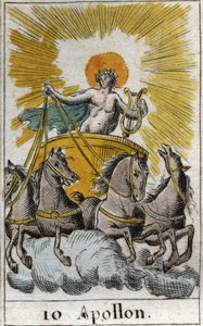 Reprezentacja Apolla, boga śpiewu, muzyki i poezji, na swoim rydwanie (Apollo, bóg światła, muzyki, poezji). Z „Mitologii młodości” Pierre