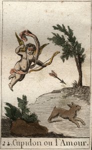 Przedstawienie Kupidyna lub Amour, sługi Wenus, jako dziecko z zawiązanymi oczami, rysujące strzałę (Amorek, bóg Miłości, jako dziecko z zawiązanymi oczami, rysujące strzałę). Z „Mitologii młodości” Pierre