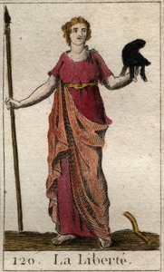 Przedstawienie Liberte jako kobiety trzymającej kapelusz frygijski i łopatę. (Wolność jako młoda kobieta, trzymająca frygijski kapelusz i szczupak). Z „Mitologii młodości” Pierre