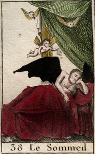 Reprezentacja Snu, odpoczywająca wiecznie w pałacu, przy skrzydłach marzeń sennych. (Somnus, bóg snu, śpi w pałacu otoczonym uskrzydlonymi snami) Z „Mythologie de la jeunesse” Pierre