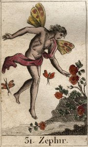 Reprezentacja Zephyra, personifikacja wiatru zachodniego. (Zephyrus (lub Zephyr) personifikacja wiatru zachodniego). Z „Mitologii młodości” Pierre