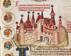 Przedstawienie ufortyfikowanego miasta podobnego do Jerozolimy Strona zaczerpnięta z manuskryptu "Genealogie de la Bible" szkoły francuskiej. XIV wiek Cremone, biblioteca governativa autorstwa French School