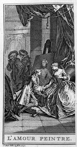 Przedstawienie sceny z utworu „Le Sicilien ou l’amour painter” Jeana Baptiste Poquelin dit Moliere (1622-1673). Grawerowanie z 1740 roku. autorstwa French School