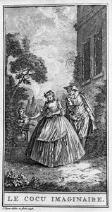 Przedstawienie sceny z utworu „Sganarelle ou le cuckold imaginaire” (1660) Jeana Baptiste Poquelina dit Moliere (1622-1673). Grawerowanie z 1738 roku. autorstwa French School