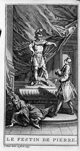 Przedstawienie sceny utworu „Dom juan ou le fen de Pierre” (1665) autorstwa Jeana Baptiste Poquelin dit Moliere (1622-1673). Grawerowanie z 1739 roku. autorstwa French School