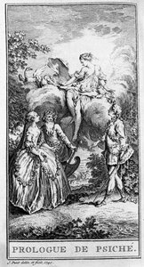 Przedstawienie sceny utworu „Prologue de Psyche” Jeana Baptiste Poquelina dit Moliere (1622-1673). Grawerowanie z 1740 roku. autorstwa French School
