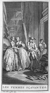 Przedstawienie sceny ze sztuki „Les femmes savantes” (1672) Jeana Baptiste Poquelin dit Moliere (1622-1673). Grawerowanie z 1740 roku. autorstwa French School
