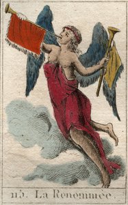 Reprezentacja Przemiany, przesłania Jowisza, w postaci kobiety ailee noszącej dwie trąby do głoszenia dobrych i złych wieści (Fema, bogini Sławy, skrzydlata kobieta grająca na trąbkach, aby ogłaszać dobre i złe wieści). Z „Mitologii młodości” autorstwa autorstwa French School