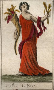 Reprezentacja sezonu letniego jako Ceres trzymająca wieniec pszenicy i róg obfitości. (Lato reprezentowane jako Ceres trzymająca liść i róg obfitości). Z „Mitologii młodości” Pierre