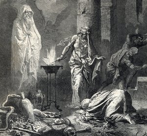 Przedstawienie Czarownicy z Endor (lub Pythonisse z Endor), wioski kananejskiej wspomnianej w pierwszej księdze Samuela (Biblii), która posiada talizman, którym przywołuje ducha proroka Samuela, który niedawno zmarł, na prośbę Saula, króla z Isr autorstwa French School