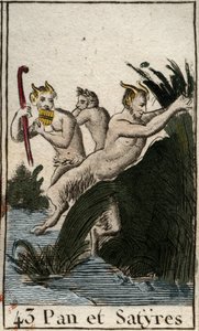 Reprezentacja boga kraju Pan i satyry. Ma owłosione uda, kozie stopy, gra na flecie (Syrinx) ma kilka piszczałek. (Chłopski bóg Pan, reprezentowany przez satyrów, ma futrzane nogi i kozie łapy, gra na flecie syrinx lub pan) Z „Mitologie de autorstwa French School