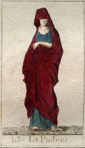 Przedstawienie bóstwa skromności, młodej kobiety z twarzą zakrytą welonem. (Reprezentacja pruderii jako kobiety z zawoalowaną twarzą). Z „Mitologii młodości” Pierre