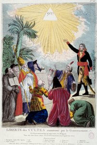 Reprezentacja wolności wyznania wszystkich religii utrzymywana przez Napoleona Bonaparte (1769-1821): pierwszy Konsul wskazuje na trójkąt Trójcy Świętej symbolizujący Boga przychodzącego przez przedstawicieli każdej religii: katolik, Żyd, kwakier, autorstwa French School