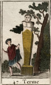 Przedstawienie boga Terme w formie terminala do oznaczania posiadłości i gruntów. (Reprezentacja końca boga, jako kamiennego końca ziemi i posiadłości). Z „Mitologii młodości” Pierre