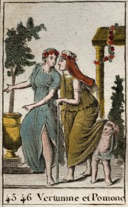 Przedstawienie boga jesieni Vertumne i Pomonefa, nimfy owoców i ogrodnictwa. Vertumne przybiera wygląd starej kobiety, by uwieść Pomone. (przedstawienie Wertumna, boga jesieni, z Pomoną, boginią owoców i ogrodów, Vertumnus tropi Pomo autorstwa French School