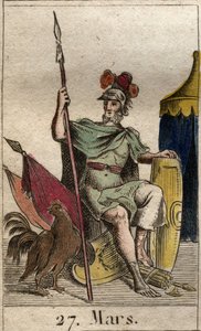 Przedstawienie boga wojny Marsa, broń, w pobliżu koguta. (Bóg wojny Mars uzbrojony w kolczyk). Z „Mitologii młodości” Pierre
