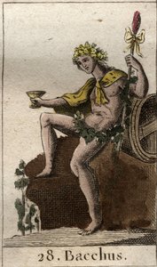 Przedstawienie boga wina i żniw Bachusa, trzymającego w dłoni kielich. (Bóg wina i winobrania Bachus z kielichem wina). Z „Mitologii młodości” Pierre