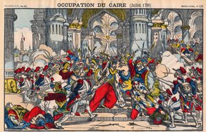Przedstawienie buntu mieszkańców Kairu przeciwko okupacji francuskiej pod wodzą Bonapartego 21 października 1798 r. Obraz epinal autorstwa French School