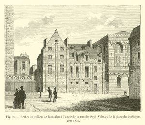 Pozostałości kolegium Montaigu na rogu rue des Sept-Voies i place du Pantheon, około 1850 r. autorstwa French School
