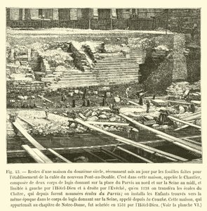 Pozostałości XII-wiecznego domu, niedawno odkrytego podczas wykopalisk wykonanych w celu ustanowienia przyczółka nowego Pont-au-Double autorstwa French School