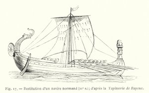 Restytucja statku normańskiego, XI w.; po Gobelinie z Bayeux (grawerowanie) autorstwa French School