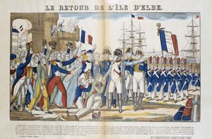 Powrót Napoleona Bonaparte (1769-1821) z wygnania na wyspę Elba w 1815 roku. Obraz Epinal autorstwa French School