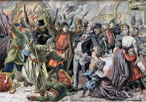 Rewolucja 1905 r. - Zbuntowani rosyjscy chłopi napadają na wiejską posiadłość. Jacquerie na rosyjskich prowincjach. Najazd na zamek przez rosyjskie bunty chłopskie. Ilustracja do Le petit Journal, 2 kwietnia 1905. autorstwa French School