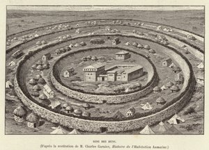 Ring des Huns. Fortyfikacje pierścieniowe chroniące osadę Hunów (rycina) autorstwa French School