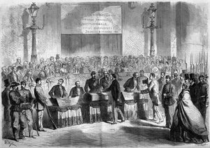 Risorgimento, Neapol, 21 października 1860: głosowanie ludności w kościele św. Franciszka de Paule w sprawie przyłączenia miasta do Królestwa Włoch. Grawer w „Le Monde Illustré” nr 188 z 17 listopada 1860 r. autorstwa French School