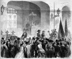 Risorgimento, Neapol, 7 listopada 1860: wjazd Wiktora Emanuela II (Victor-Emmanuel) (Vittorio Emanuele) (1820-1878), króla Włoch, do Pałacu Królewskiego w Neapolu po głosowaniu ludności akceptującej przyłączenie Neapolu do Królestwo Włoch autorstwa French School