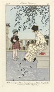 Biała sukienka Crépon w żółte kropki - Dziewczęca sukienka w wiśniowy i zielony tartan, z Costumes Parisien, wyd. 1913 (nadruk szablonowy) autorstwa French School