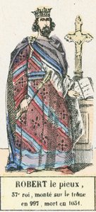 Robert Pobożny, 37 król, wstąpił na tron ​​w 997, zmarł w 1031 (kolorowa rycina) autorstwa French School