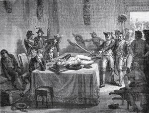 Robespierre czekający na egzekucję po zastrzeleniu się w szczękę w 1794 r. autorstwa French School