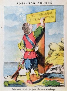 Robinson Crusoe zapisuje datę wraku autorstwa French School