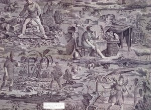Robinson Crusoe, według projektu F. Pietersa, ok. 1815-20 (bawełna zadrukowana wałkiem) autorstwa French School