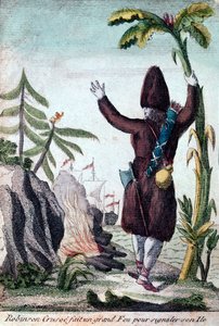 Robinson Crusoe rozpala ogień, aby zwrócić uwagę na swoją wyspę, Imagerie Basset (kolor grawerowania) autorstwa French School