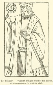 Roi de denier, Fragment niebarwionej talii kart, z pocz. XVI w. (rycina) autorstwa French School