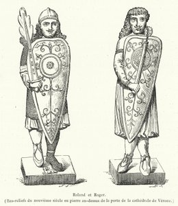 Roland i Roger, kamienne płaskorzeźby z IX wieku nad drzwiami katedry w Weronie (rycina) autorstwa French School