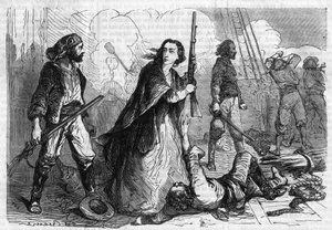 Seria rzymska: „Pomniki Józefa Garibaldiego”” Aleksandra Dumasa (1802-1870). Anita Garibaldi (1821-1849), żona Giuseppe Garibaldiego, biorąca udział w bitwie z karabinem w ręku. Grawer w „”Les bons romance”” autorstwa French School