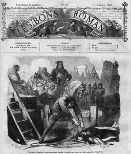 Serial rzymski: „”Notre Dame de Paris”” Victora Hugo (1802-1885). Mężczyzna osusza dwie kobiety na chodniku. Grawer w „”Les bons romance”” autorstwa French School