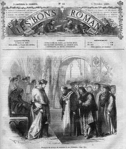 Powieść serial: „”Notre Dame de Paris”” Victora Hugo (1802-1885). Grawerowanie w „”Dobre romanse”” autorstwa French School