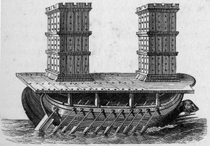 Rzymski statek ma wieże. Grawerowanie w „La Marine et les colonies: commerce autorstwa French School