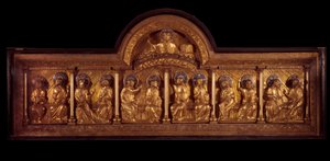Sztuka romańska: ołtarz zielonoświątkowy: antependium z drewna, miedzi i emalii. Ze Stavelot (Moza) Około 1160-1170. Paryż, Narodowe Muzeum Średniowiecza, Thermes de Cluny autorstwa French School